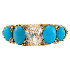 Victorian GIA 0.92 Carat Diamond and Turquoise 18k Yellow Gold Five Stone Ring