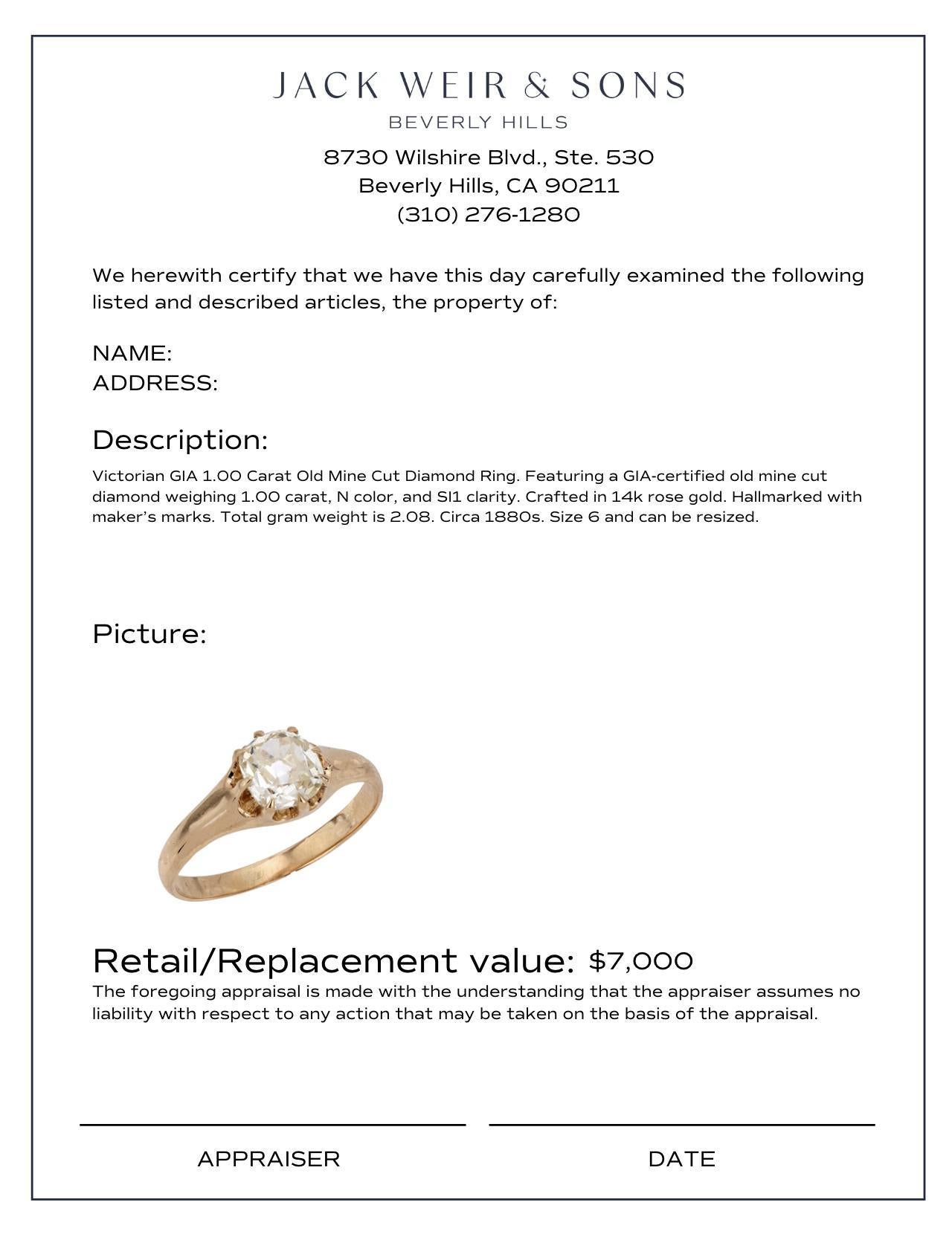Women's Victorian GIA 1 carat diamond 14k rose gold engagement ring