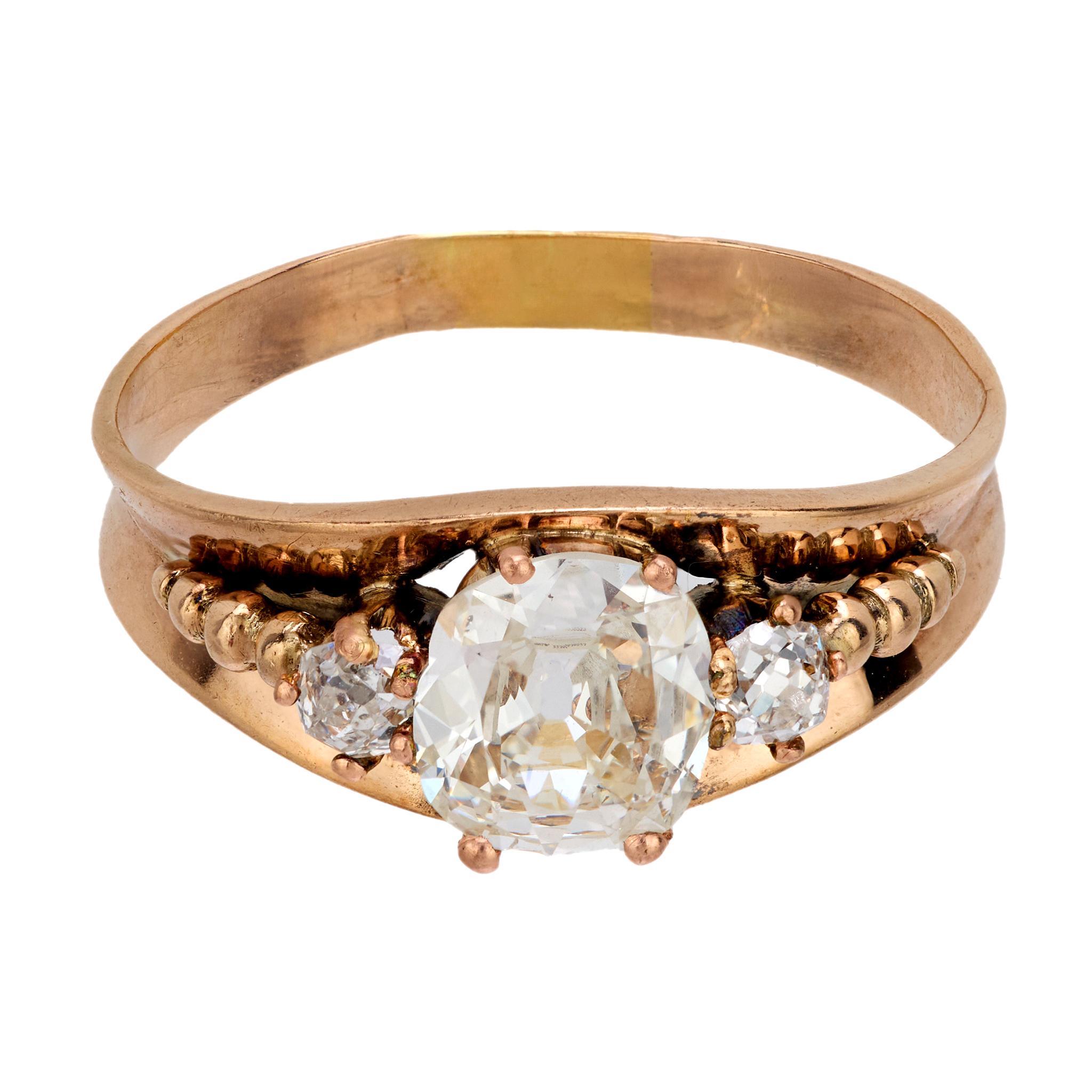 Victorian GIA 1.00 carat old mine diamond 10k rose gold ring In Good Condition For Sale In Beverly Hills, CA
