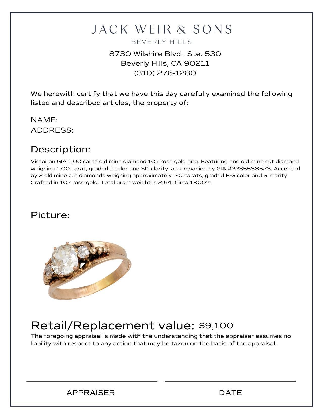 Women's Victorian GIA 1.00 carat old mine diamond 10k rose gold ring For Sale