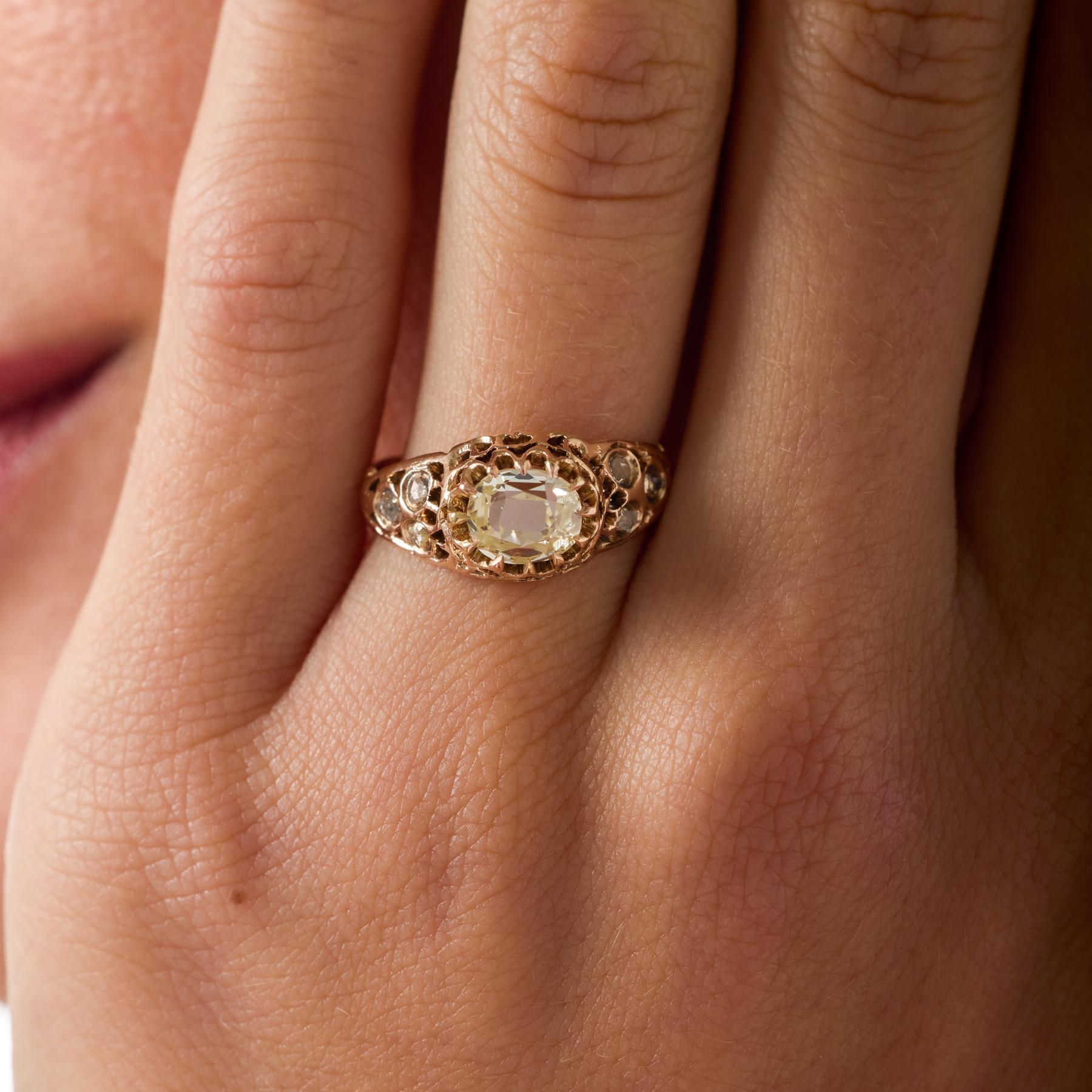 Bague victorienne en or rose 14k GIA 1,00 carat diamant taille ovale Pour femmes en vente