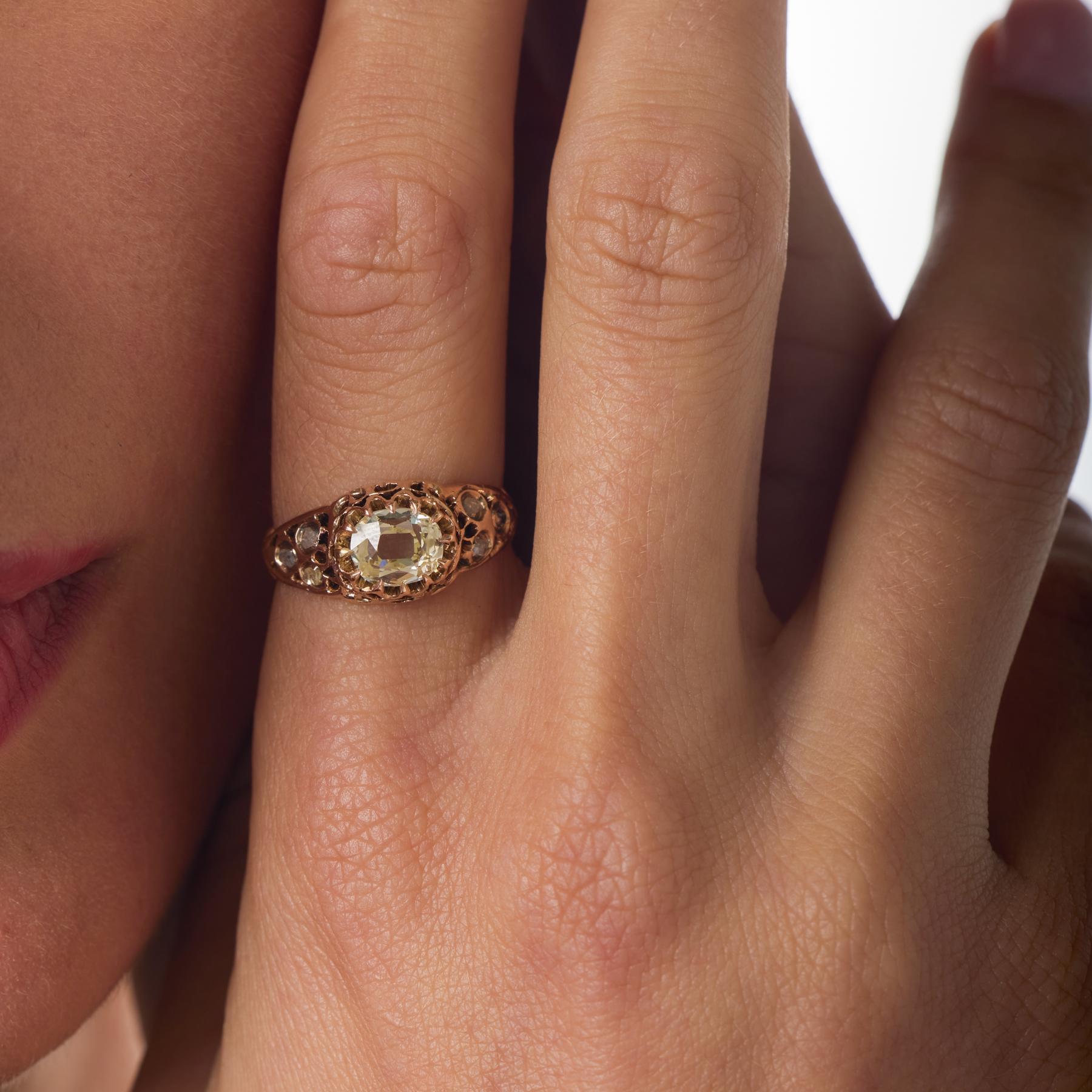 Bague victorienne en or rose 14k GIA 1,00 carat diamant taille ovale en vente 1