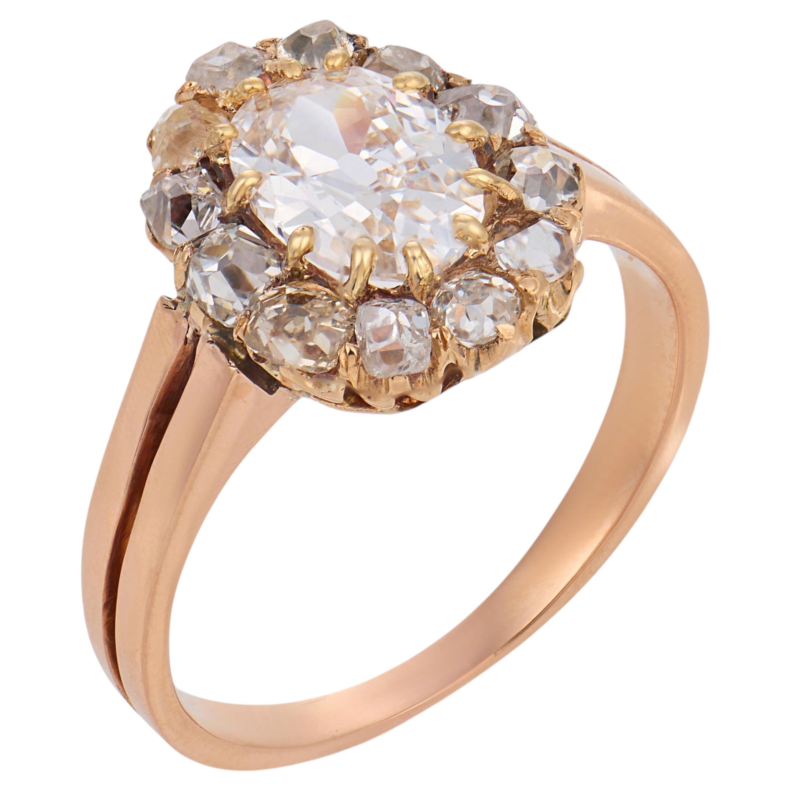 Victorian GIA 1.01 carat diamond 14k rose gold cluster engagement ring