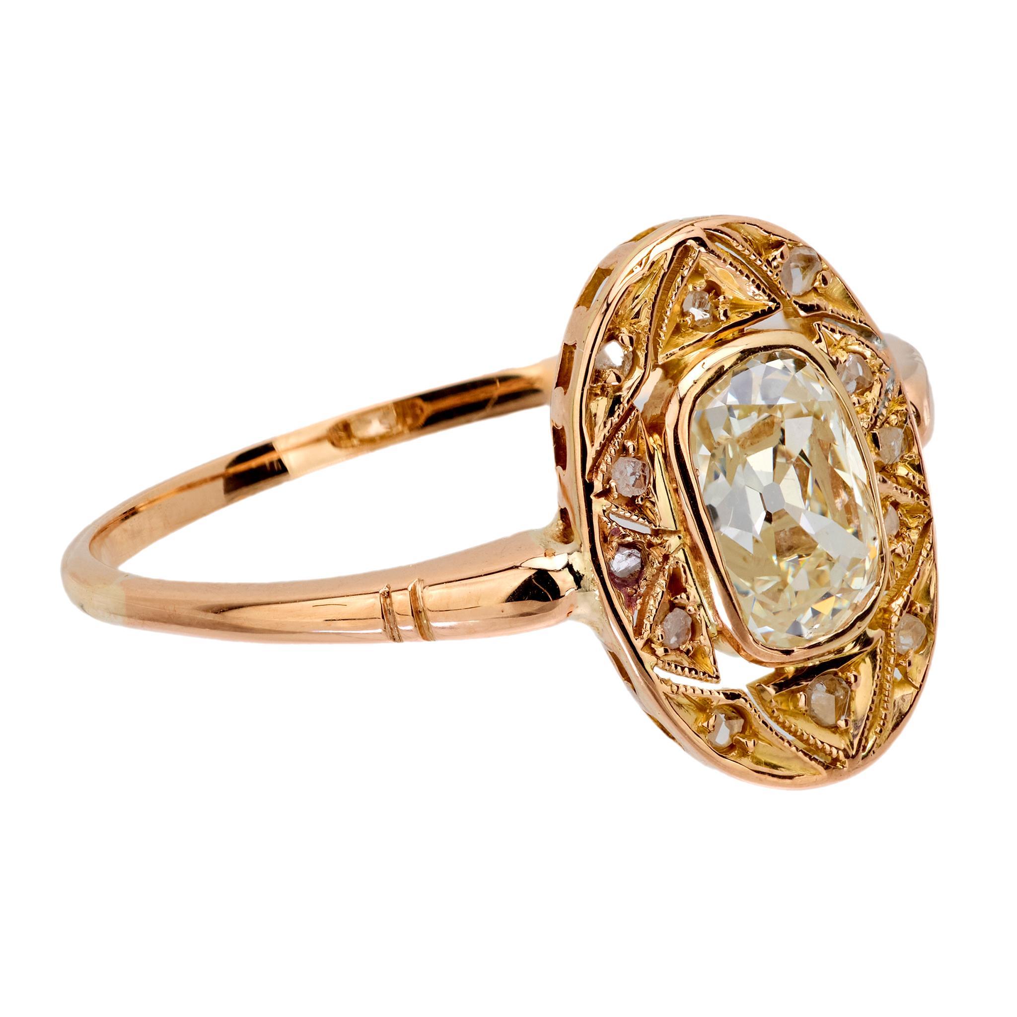 Victorian GIA 1.01 carat old mine cut diamond 18k rose gold ring In Good Condition In Beverly Hills, CA