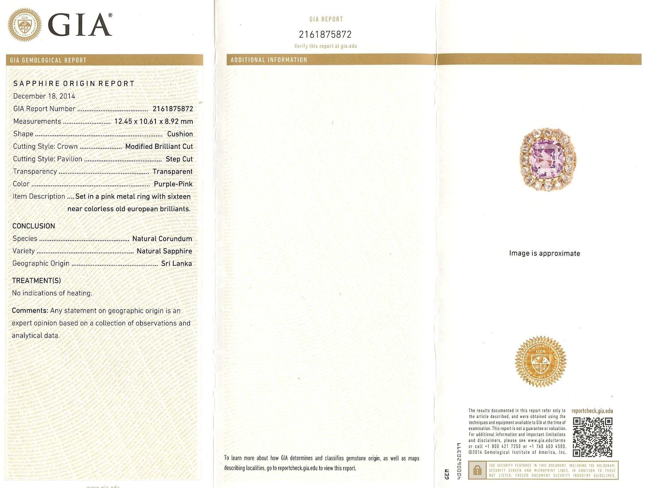 Taille coussin Bague victorienne avec saphir rose 10,10 carats certifié GIA et diamants en vente