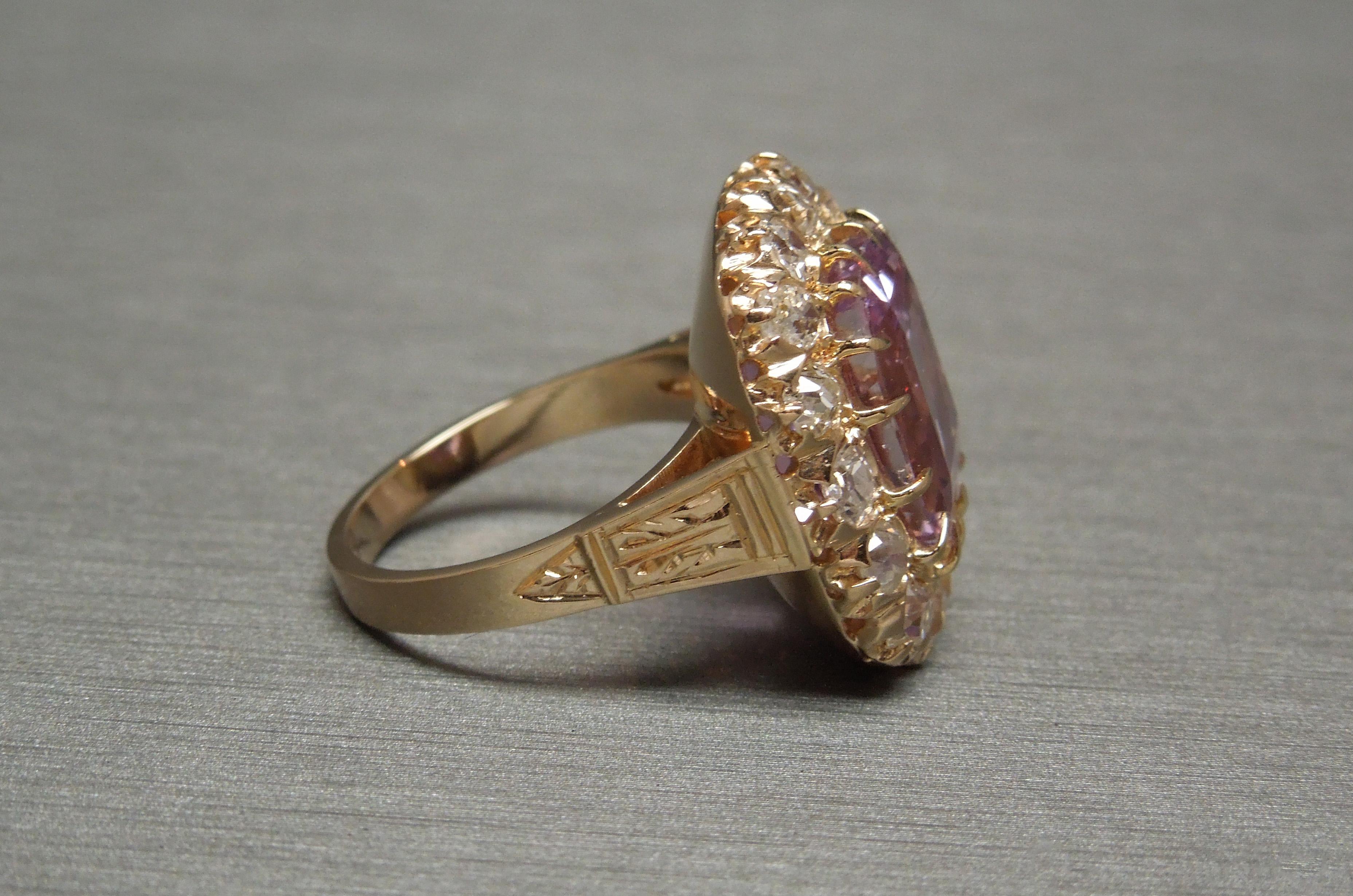 Cushion Cut Victorian GIA 10.10 Carat Pink Sapphire and Diamond Ring For Sale
