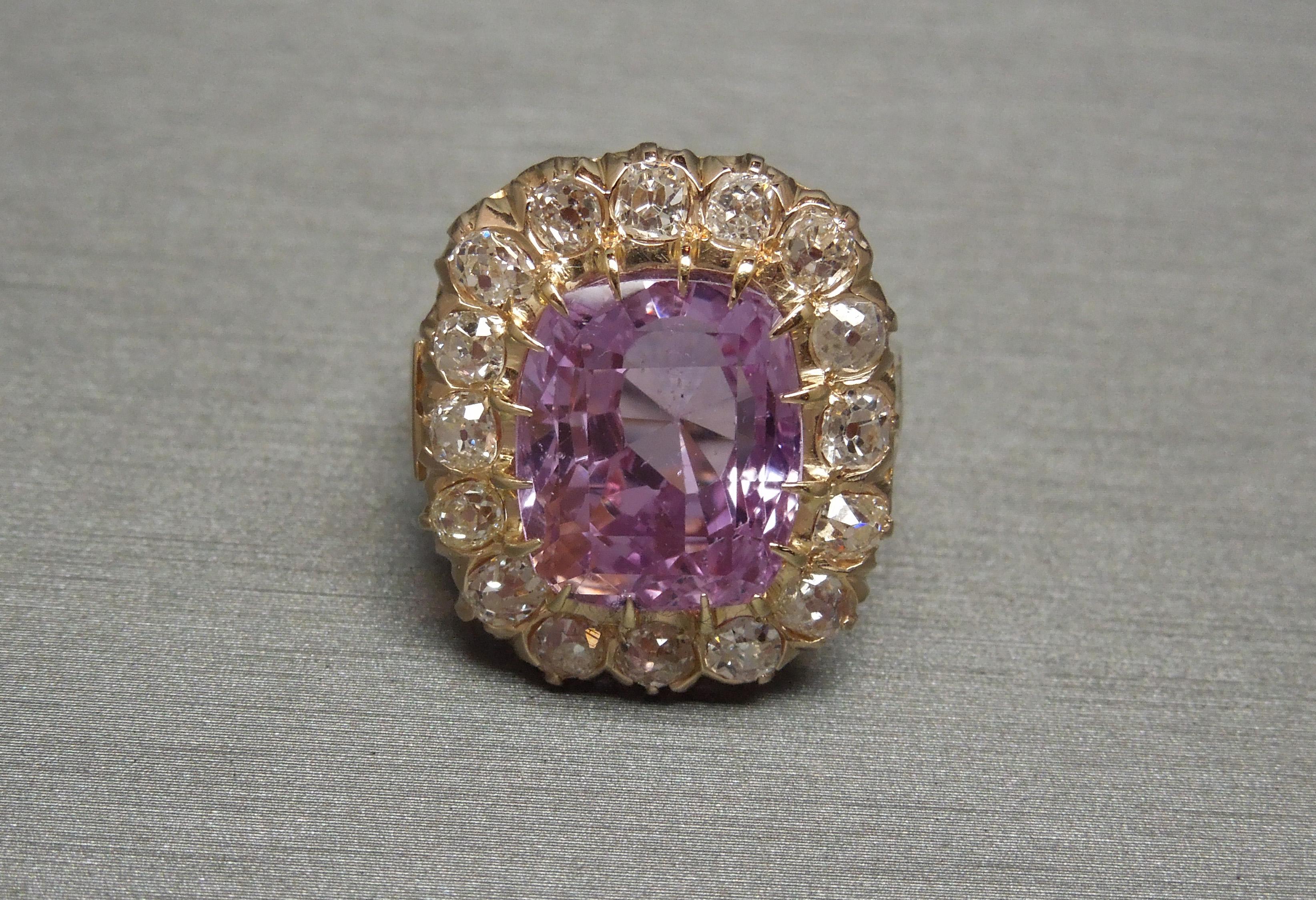 Women's Victorian GIA 10.10 Carat Pink Sapphire and Diamond Ring For Sale