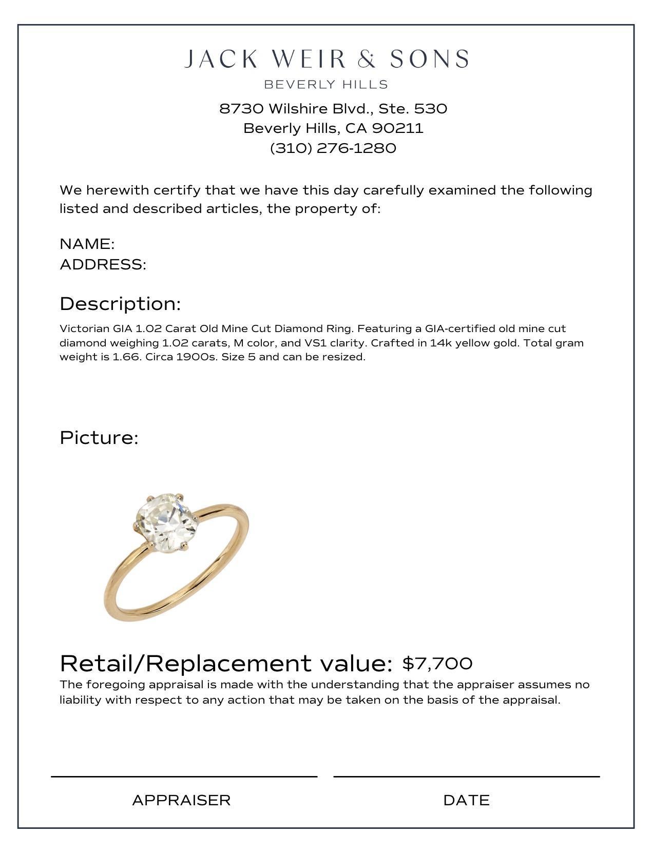 Women's Victorian GIA 1.02 carat diamond 14k yellow gold solitaire ring For Sale
