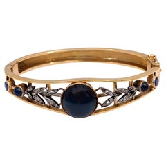 Victorian GIA 10.50 carat no heat sapphire diamond 14k yellow gold bangle
