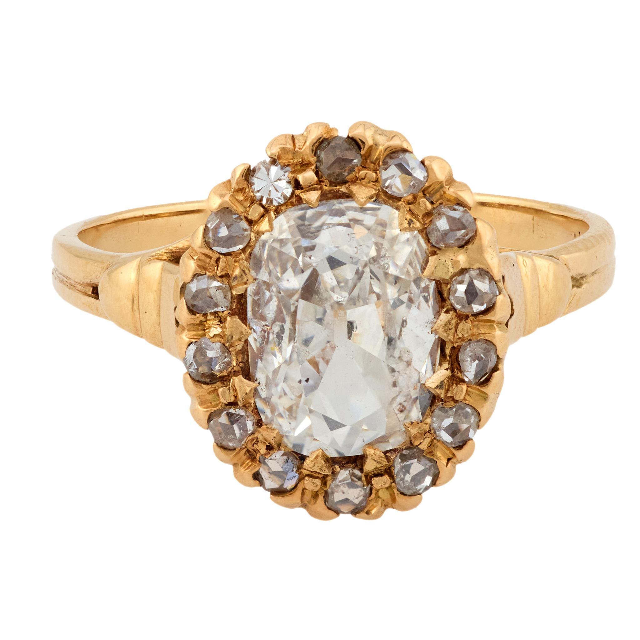 Victorien Bague victorienne GIA 1,07 carat diamant taille ancienne 14k or jaune en forme de grappe en vente