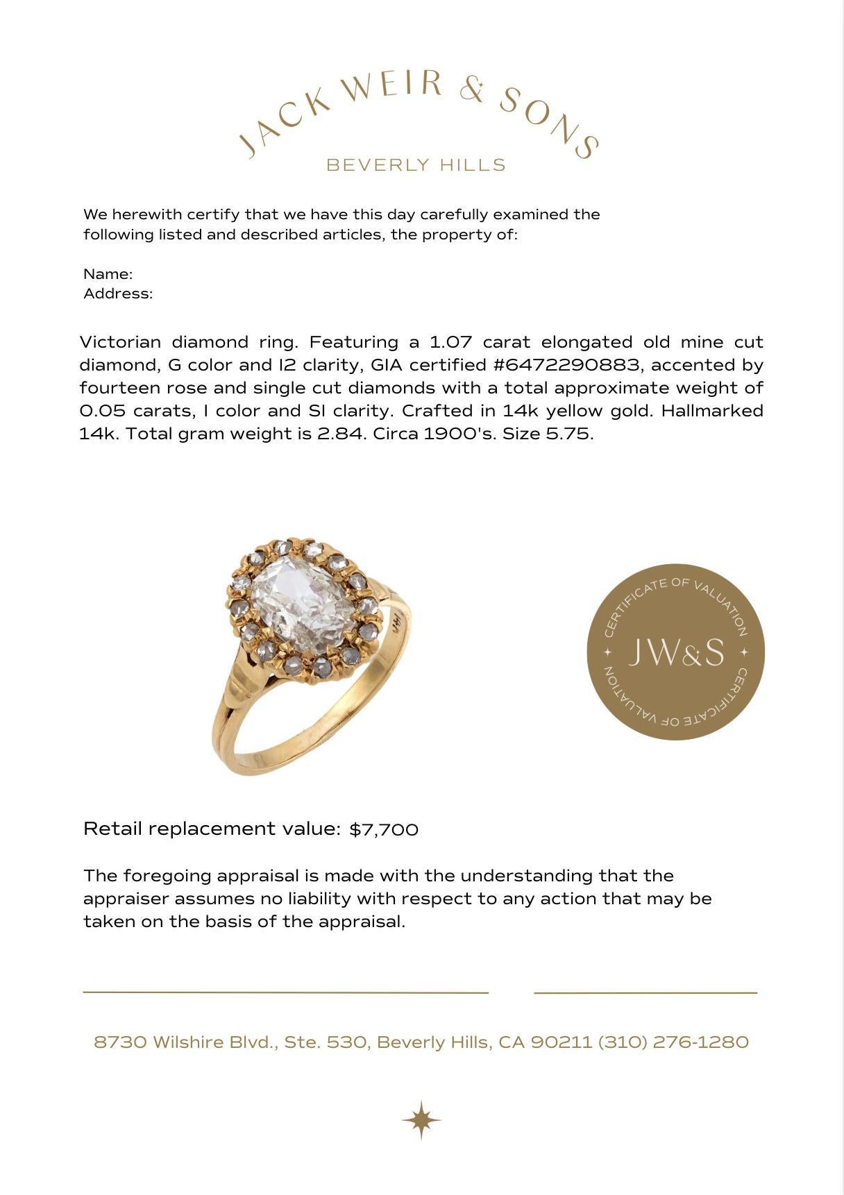 Bague victorienne GIA 1,07 carat diamant taille ancienne 14k or jaune en forme de grappe Bon état - En vente à Beverly Hills, CA