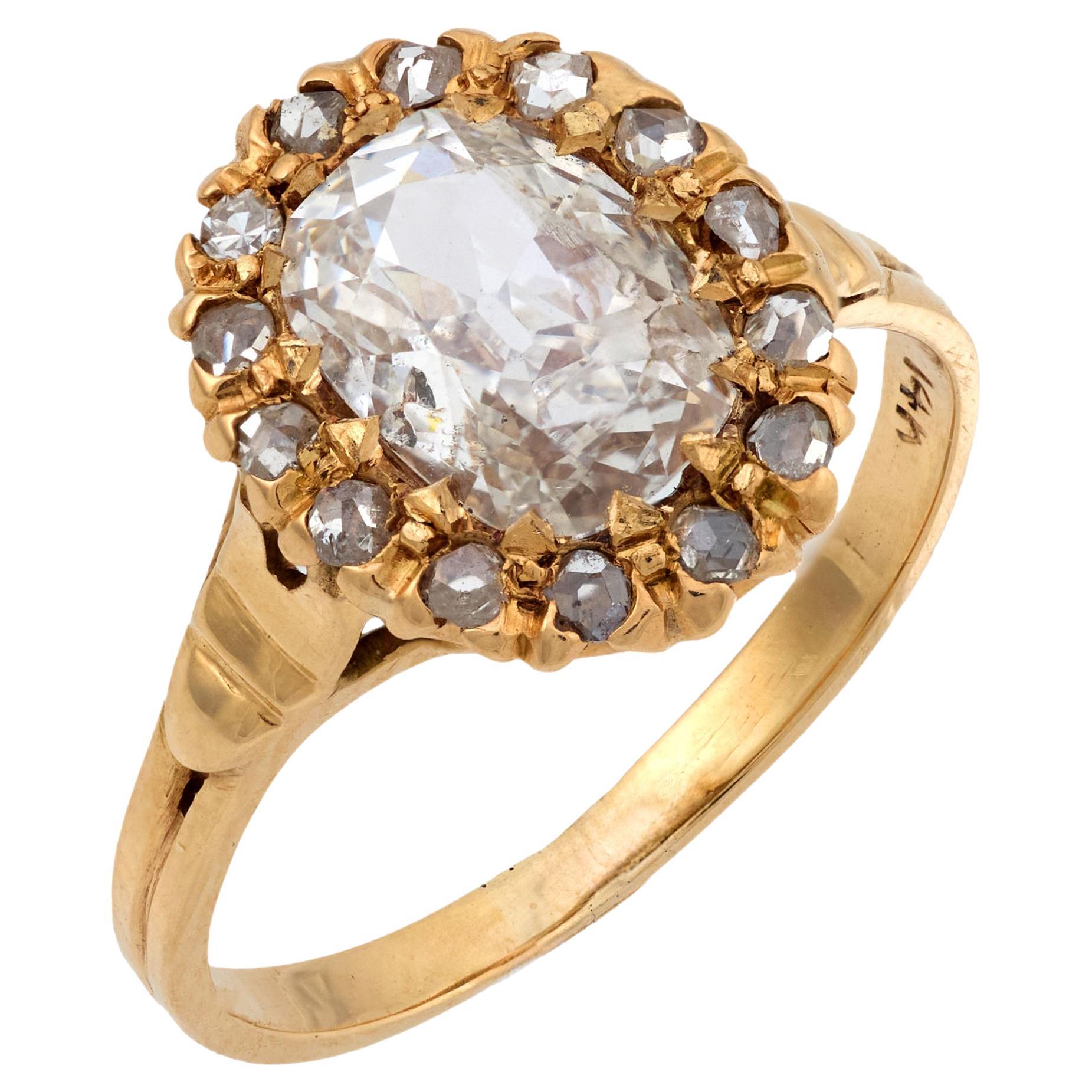 Bague victorienne GIA 1,07 carat diamant taille ancienne 14k or jaune en forme de grappe en vente