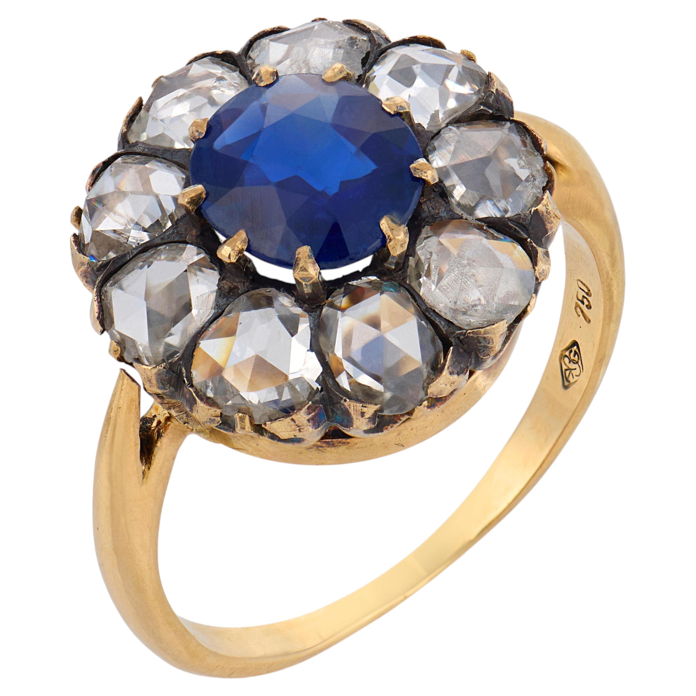 Anello vittoriano in oro giallo 18 carati con zaffiro non trattato termicamente da 1,10 carati certificato GIA e diamante