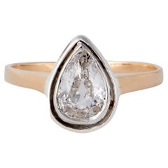 Victorian GIA 1.12 Carats Antique Pear Cut Diamond 14k Rose Gold Silver Ring