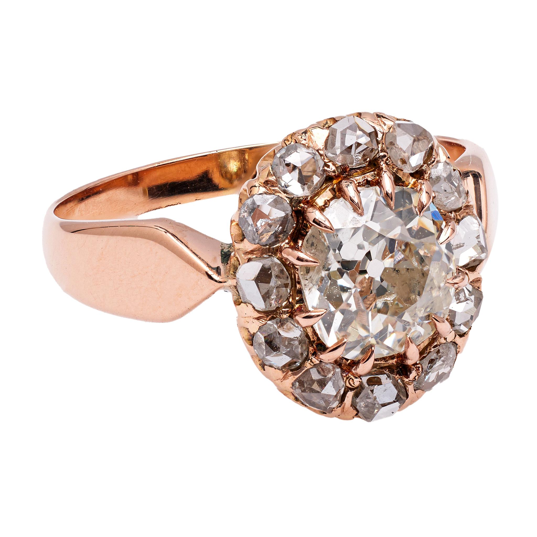 Women's or Men's Victorian GIA 1.20 Carat Diamond 18k Rose Gold Cluster Ring For Sale