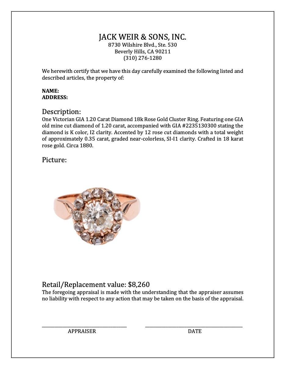 Victorian GIA 1.20 Carat Diamond 18k Rose Gold Cluster Ring For Sale 3
