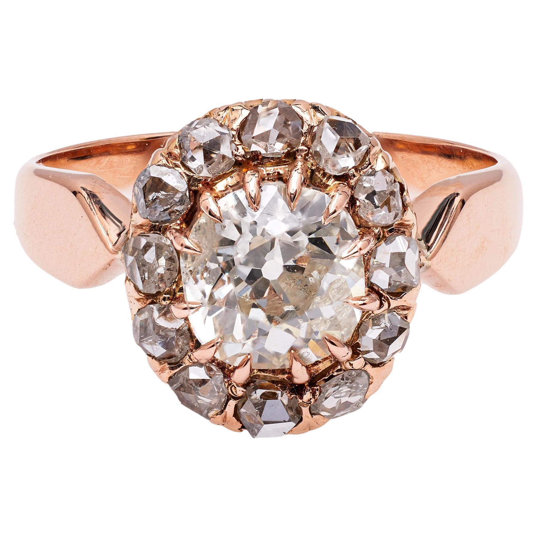 Victorian GIA 1.20 Carat Diamond 18k Rose Gold Cluster Ring For Sale