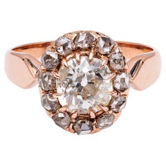 Antique Victorian GIA 1.20 Carat Diamond 18k Rose Gold Cluster Ring
