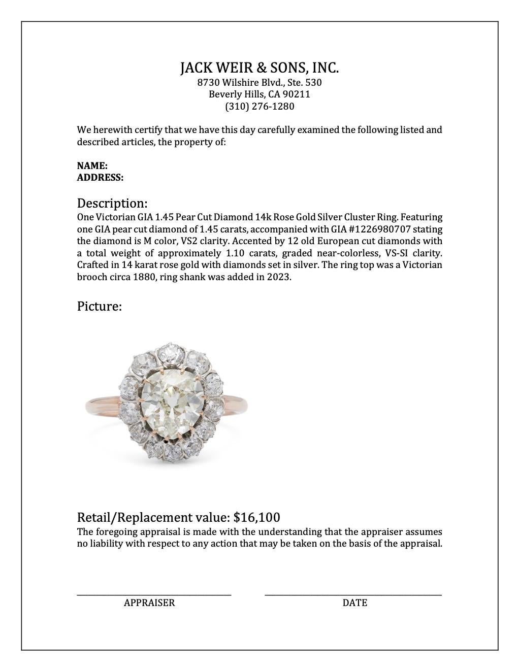 Viktorianischer GIA 1,45 Birnenschliff Diamant 14k Roségold Silber Cluster-Ring 3