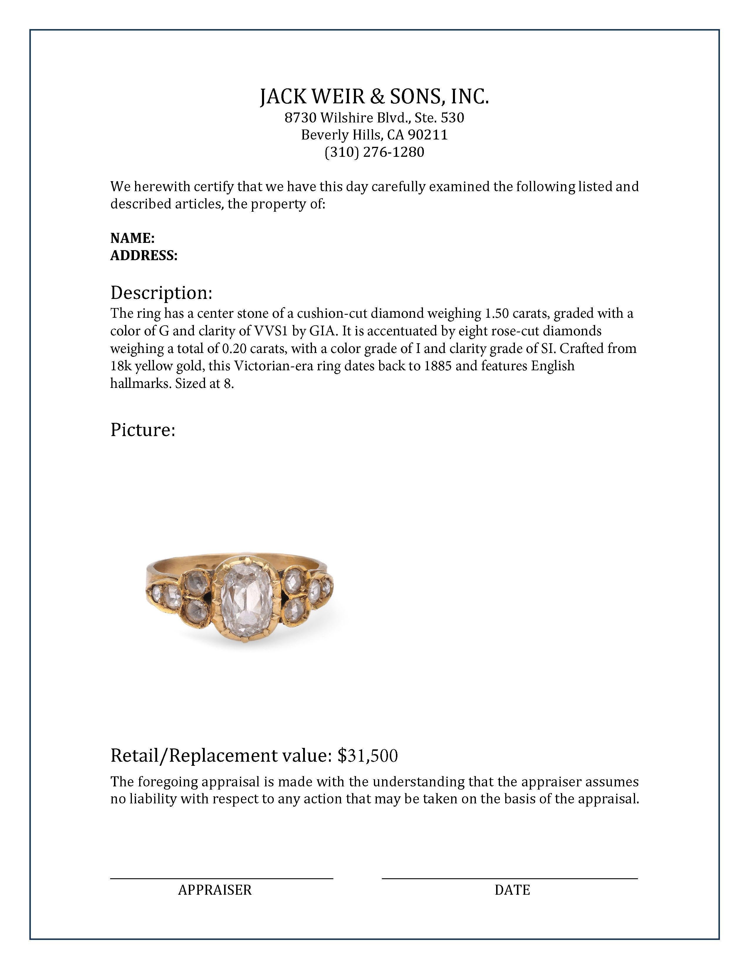 Viktorianischer Verlobungsring aus Gelbgold mit GIA 1.50 Karat Diamant für Damen oder Herren