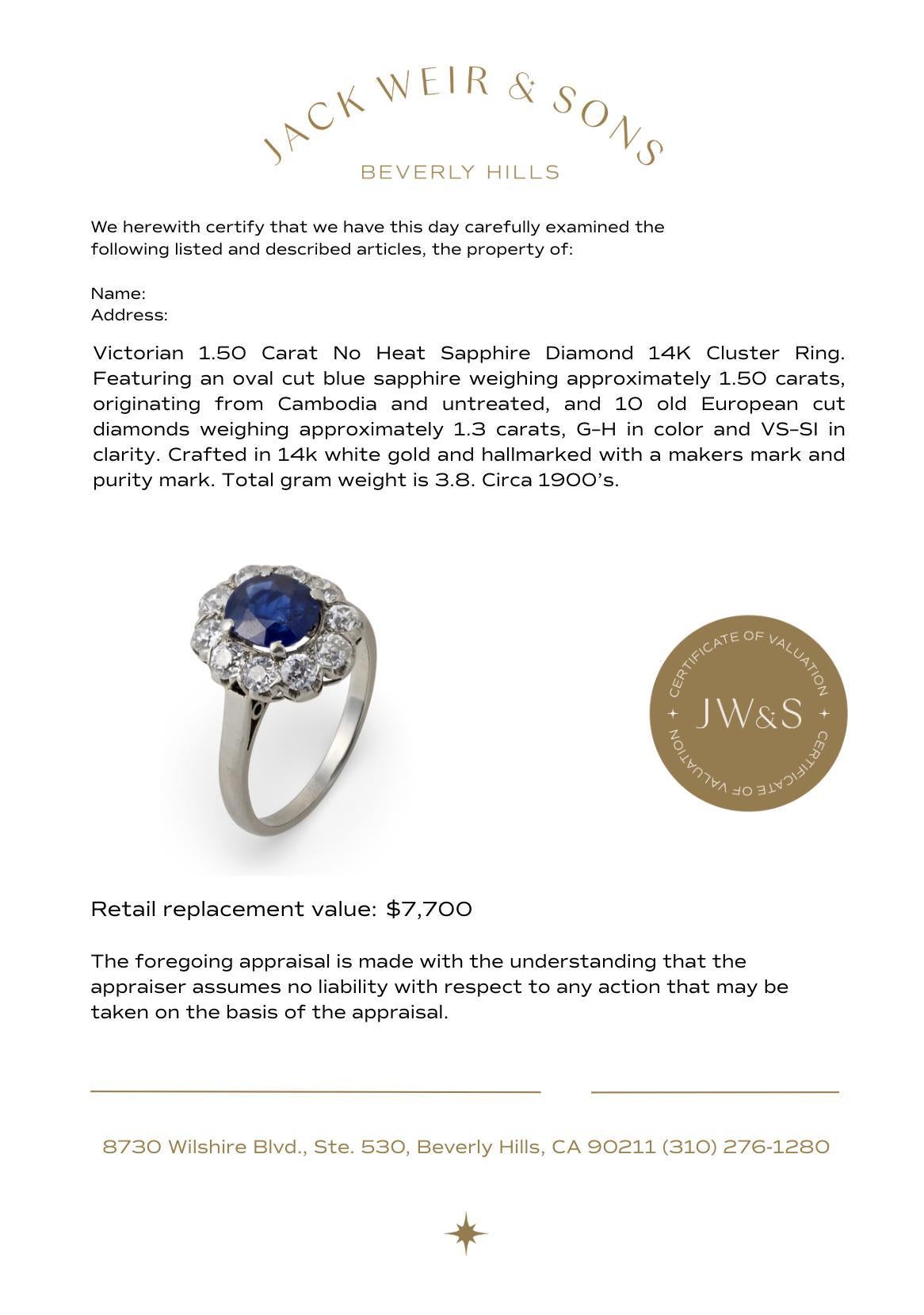 Viktorianische GIA 1,50 Karat keine Hitze Saphir Diamant 14k Cluster-Ring im Angebot 3