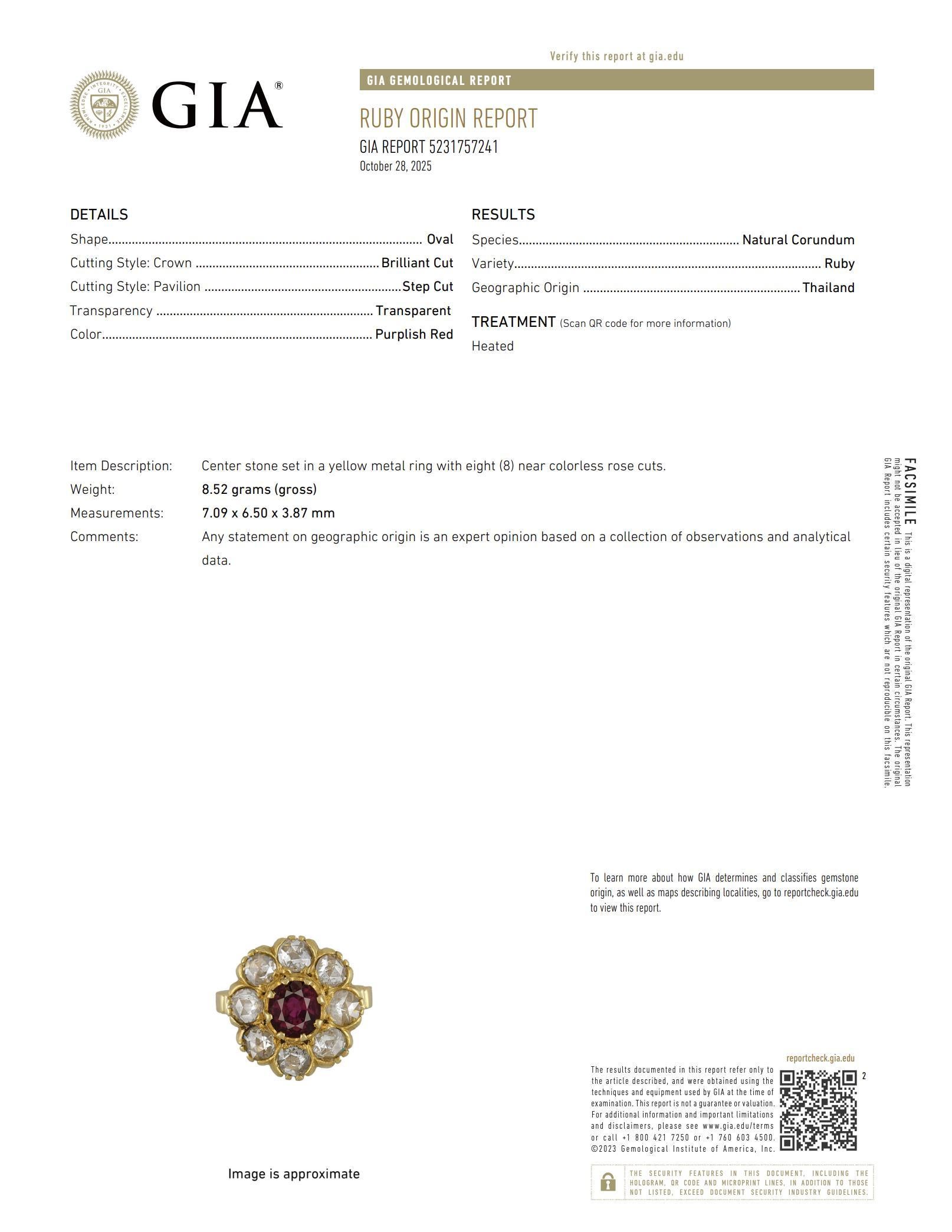 Bague victorienne GIA 1.50 carat rubis diamant or jaune 18k en vente 1