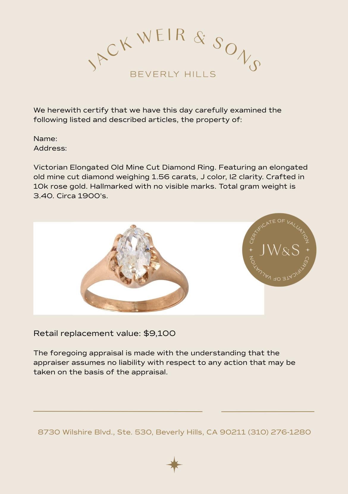 Victorian GIA 1.56 carat old mine cut diamond 10k rose gold engagement ring For Sale 2