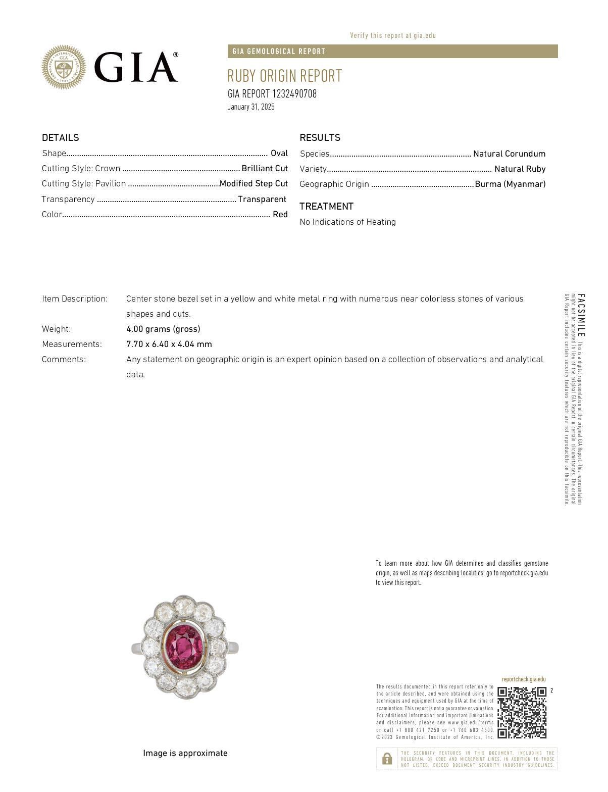 Femenino o masculino Anillo victoriano GIA de racimo de diamantes rubí de Birmania sin calor de 1,60 quilates