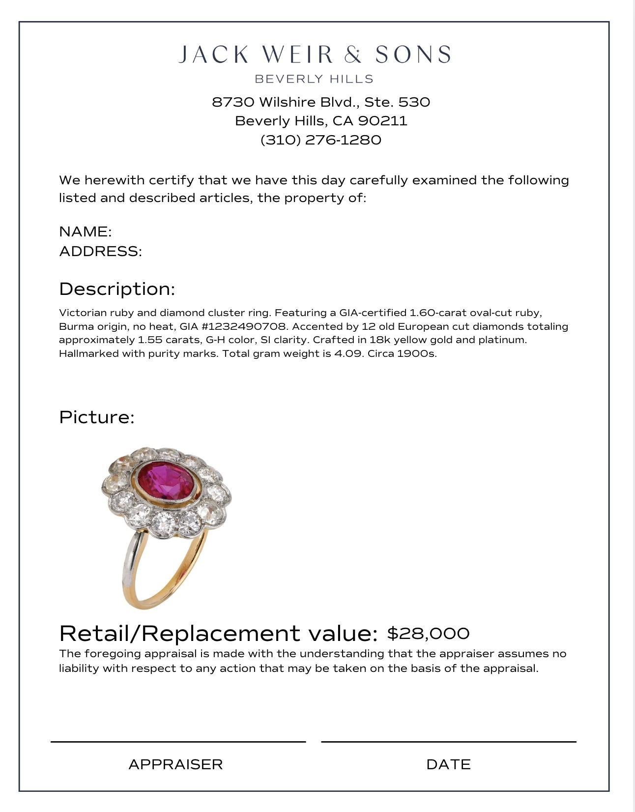 Anillo victoriano GIA de racimo de diamantes rubí de Birmania sin calor de 1,60 quilates 1