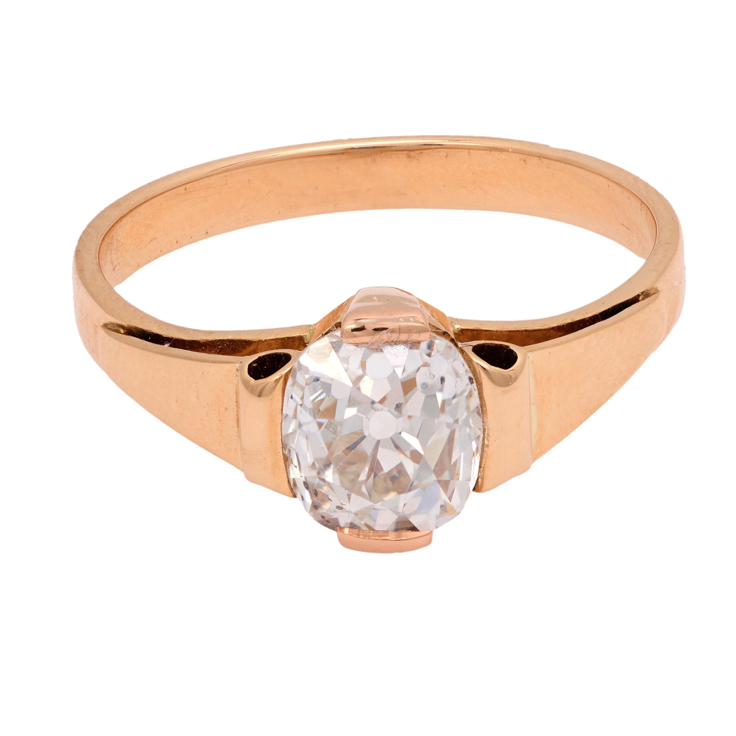 Victorian GIA 1.61 carat old mine cut diamond 14k yellow gold engagement ring en Bueno estado para la venta en Beverly Hills, CA
