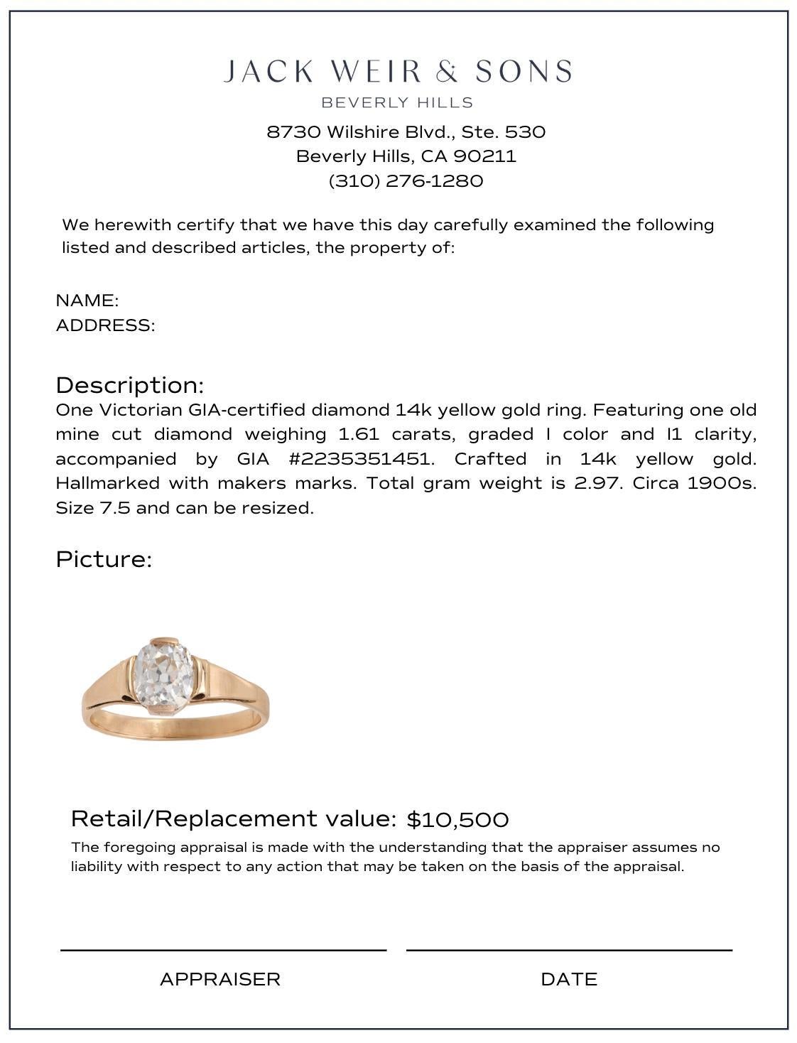 De las mujeres Victorian GIA 1.61 carat old mine cut diamond 14k yellow gold engagement ring en venta