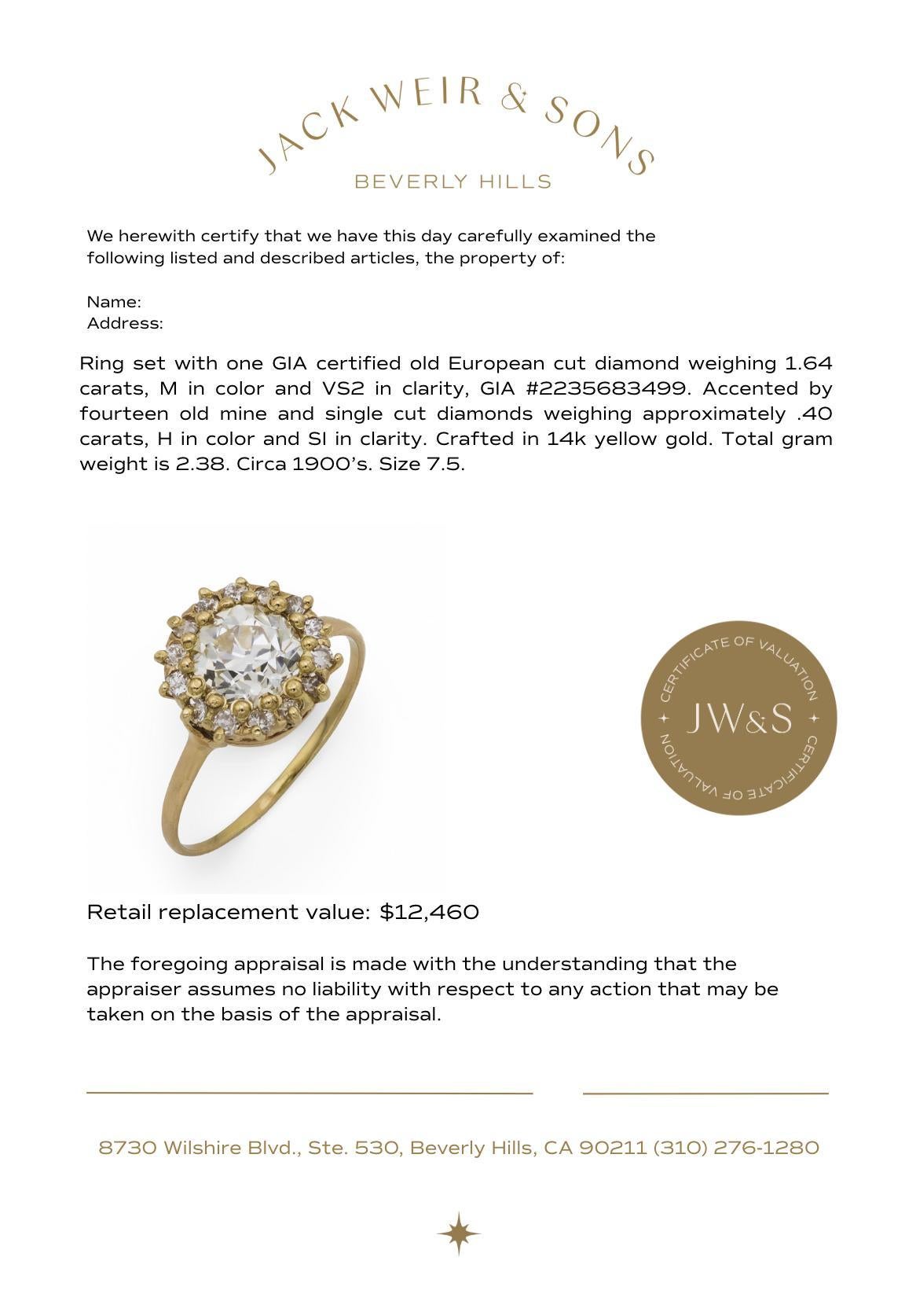Bague victorienne GIA 1,64 carat diamant taille européenne ancienne 14k or jaune cluster en vente 3