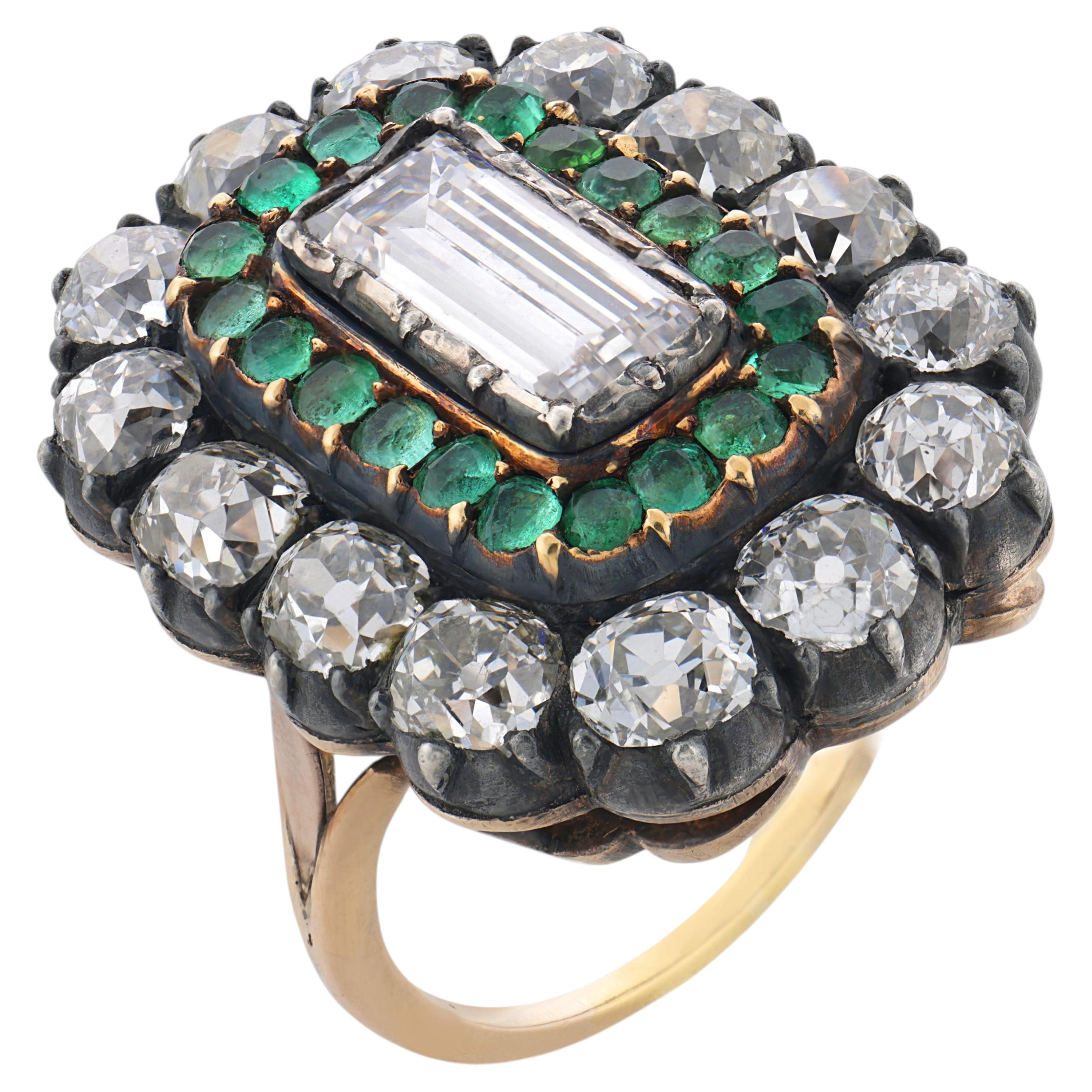 Victorian GIA 1.77 carat diamond emerald 14k yellow gold and silver cluster ring