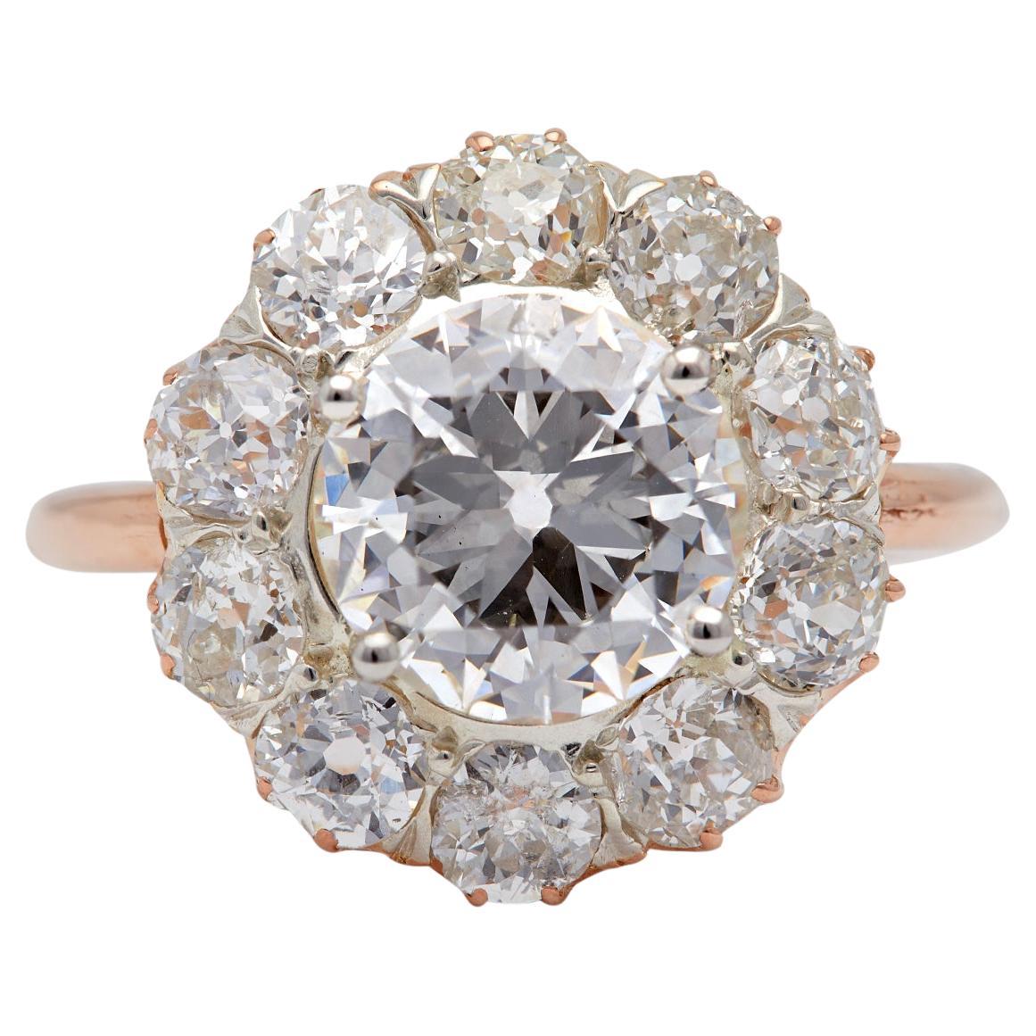 Victorian GIA 1.77 Carats Diamond Rose Gold Cluster Ring