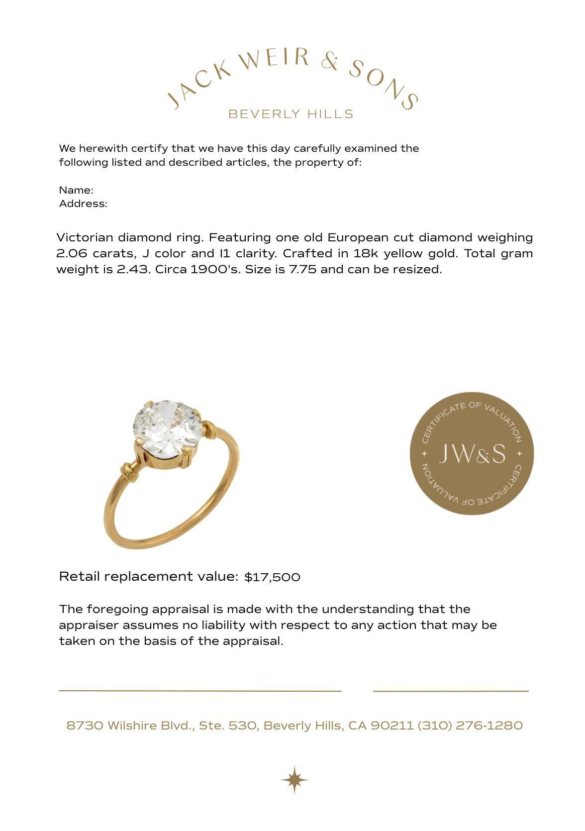Viktorianischer GIA 2,06 Karat Diamant im alten europäischen Schliff 18k Gold Verlobungsring im Angebot 1