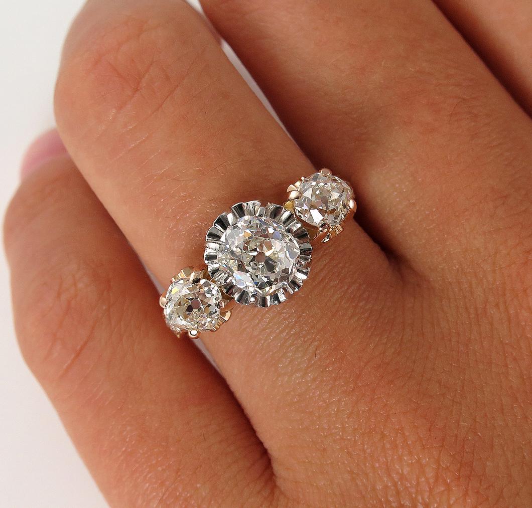 Victorian GIA 2.16ct Old Mine Cushion Diamond 3-Stone Engagement Wedding Ring 5