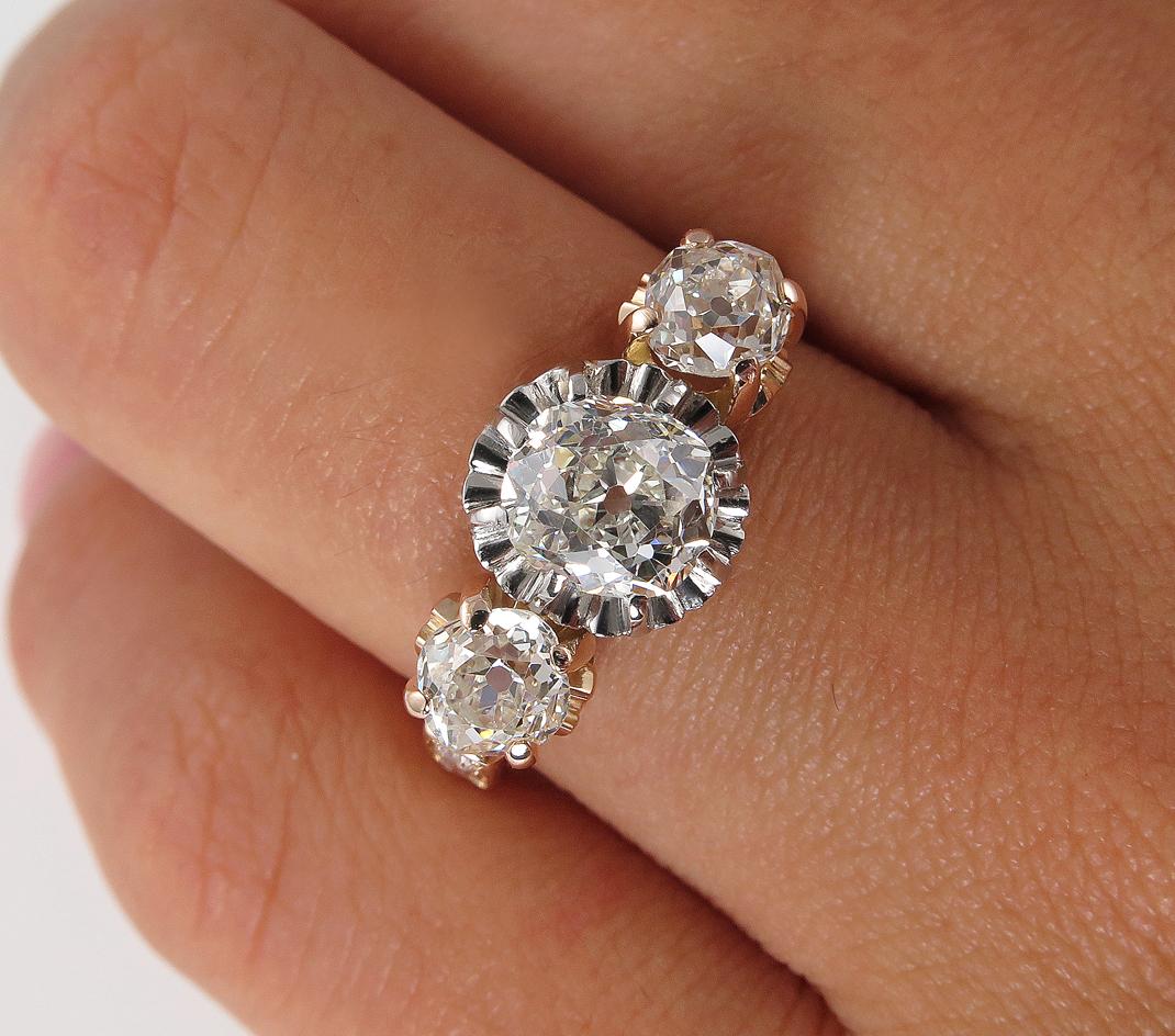 Victorian GIA 2.16ct Old Mine Cushion Diamond 3-Stone Engagement Wedding Ring 6