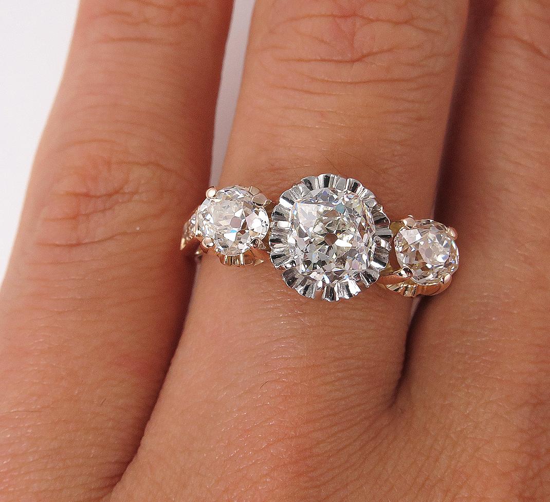 Victorian GIA 2.16ct Old Mine Cushion Diamond 3-Stone Engagement Wedding Ring 7