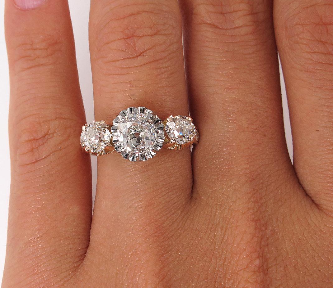 Victorian GIA 2.16ct Old Mine Cushion Diamond 3-Stone Engagement Wedding Ring 8