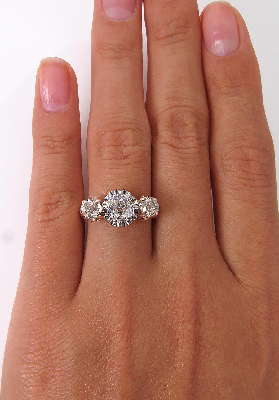 Victorian GIA 2.16ct Old Mine Cushion Diamond 3-Stone Engagement Wedding Ring 9