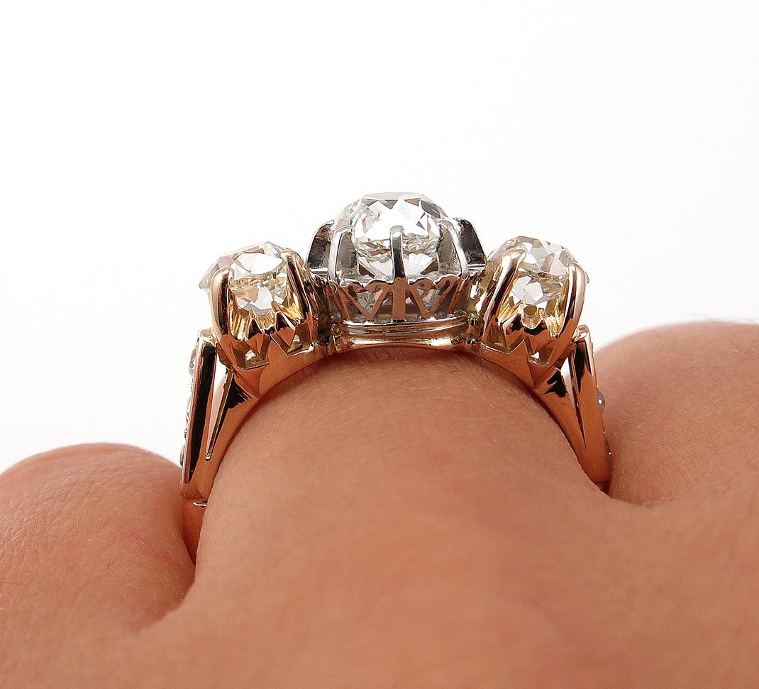 Victorian GIA 2.16ct Old Mine Cushion Diamond 3-Stone Engagement Wedding Ring 10