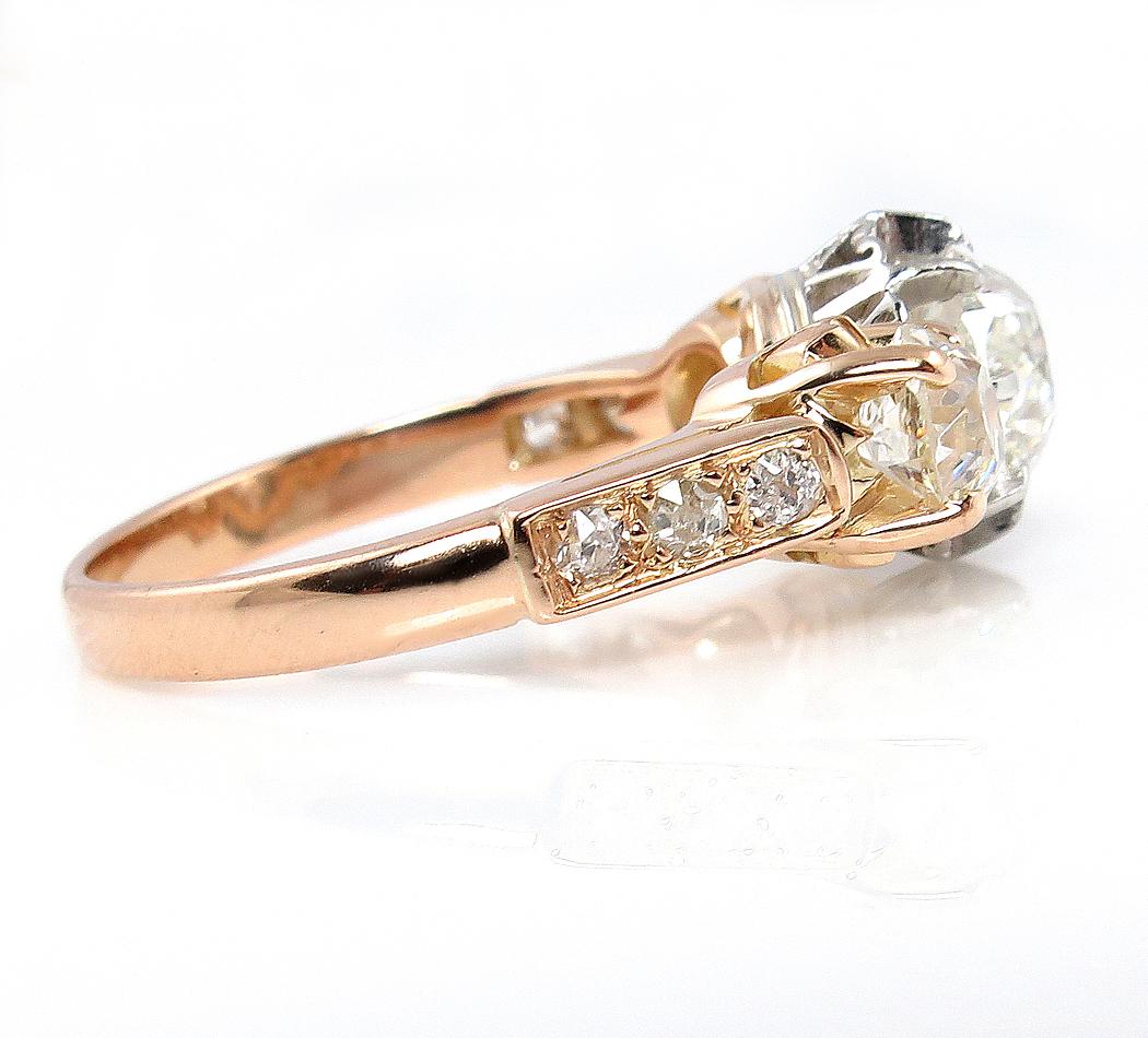 Victorian GIA 2.16ct Old Mine Cushion Diamond 3-Stone Engagement Wedding Ring 2