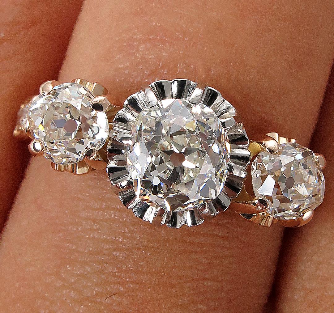Victorian GIA 2.16ct Old Mine Cushion Diamond 3-Stone Engagement Wedding Ring 3