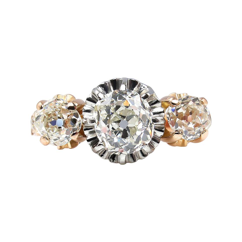 Victorian GIA 2.16ct Old Mine Cushion Diamond 3-Stone Engagement Wedding Ring