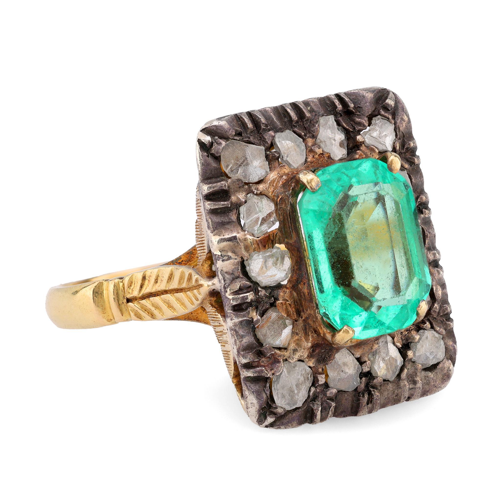 Rose Cut Victorian GIA 3 Carat Emerald Diamond 18K Yellow Gold Silver Square Ring For Sale