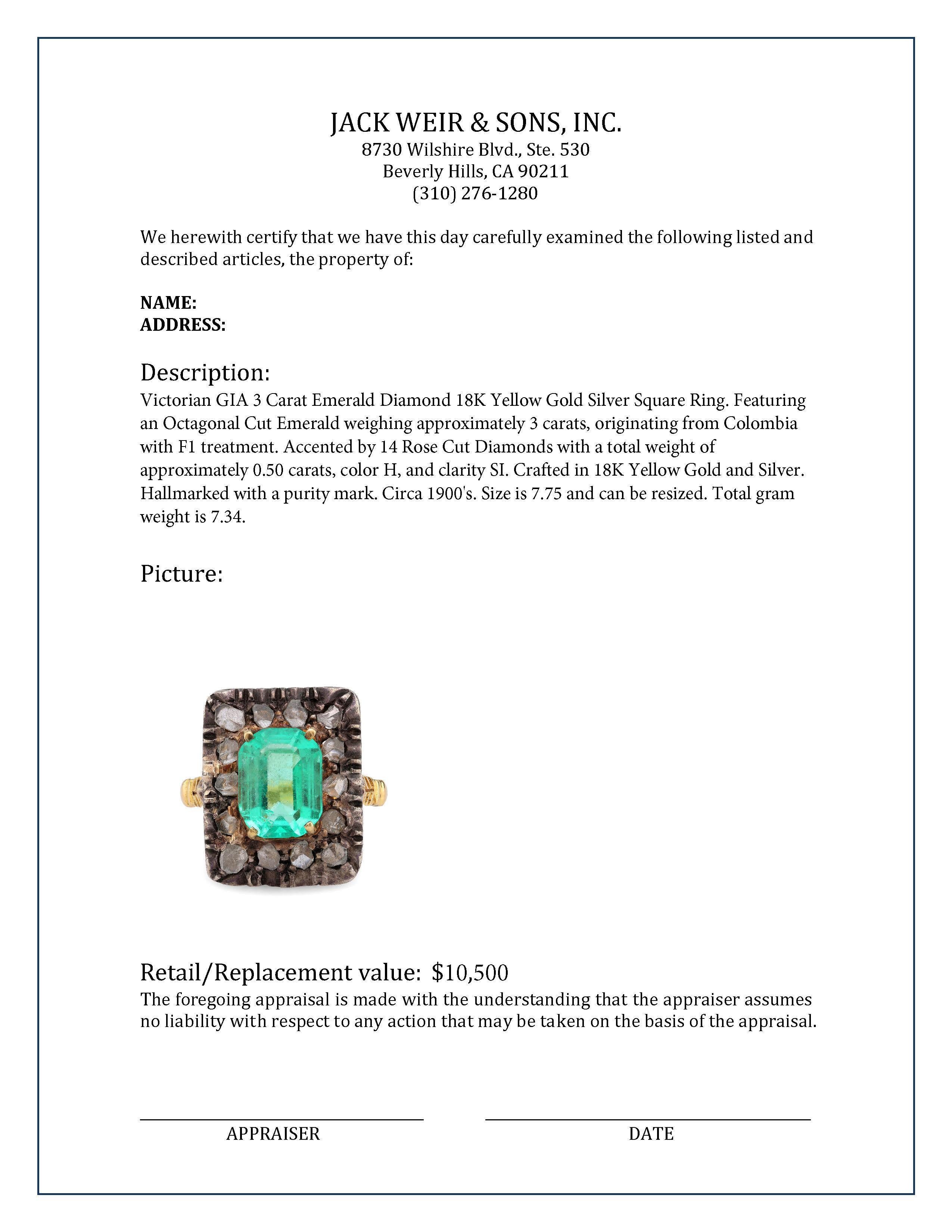Victorian GIA 3 Carat Emerald Diamond 18K Yellow Gold Silver Square Ring For Sale 1