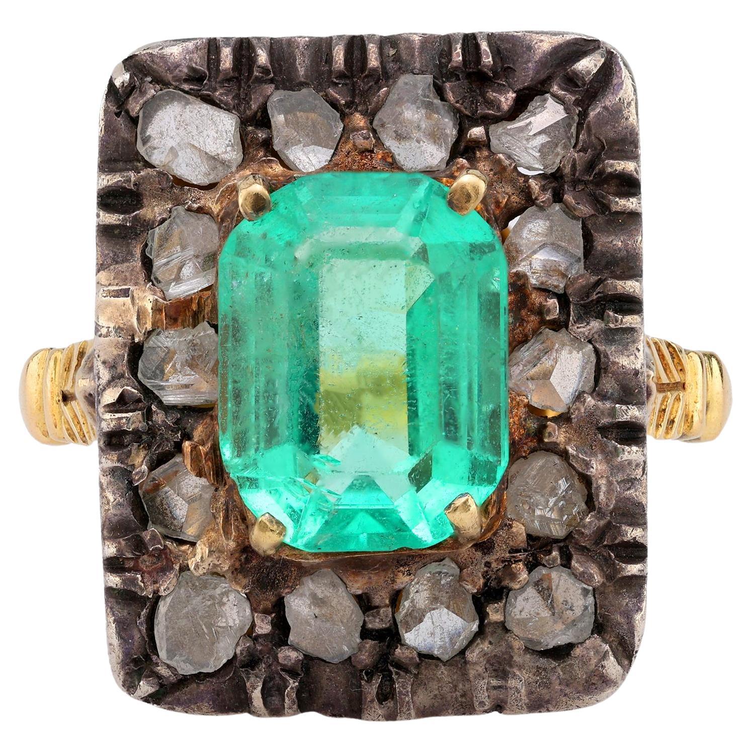 Victorian GIA 3 Carat Emerald Diamond 18K Yellow Gold Silver Square Ring