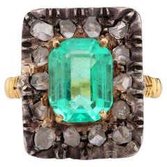 Anello quadrato vittoriano GIA con diamante smeraldo da 3 carati in oro giallo 18 carati e argento
