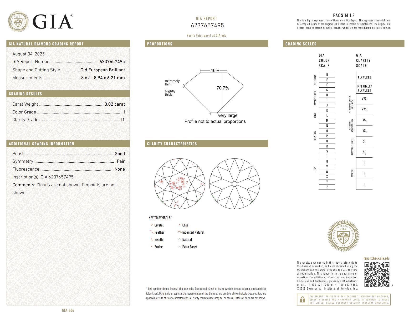 Anillo victoriano en racimo de oro amarillo de 18 quilates con diamante talla europea antigua GIA de 3,02 quilates en venta 1