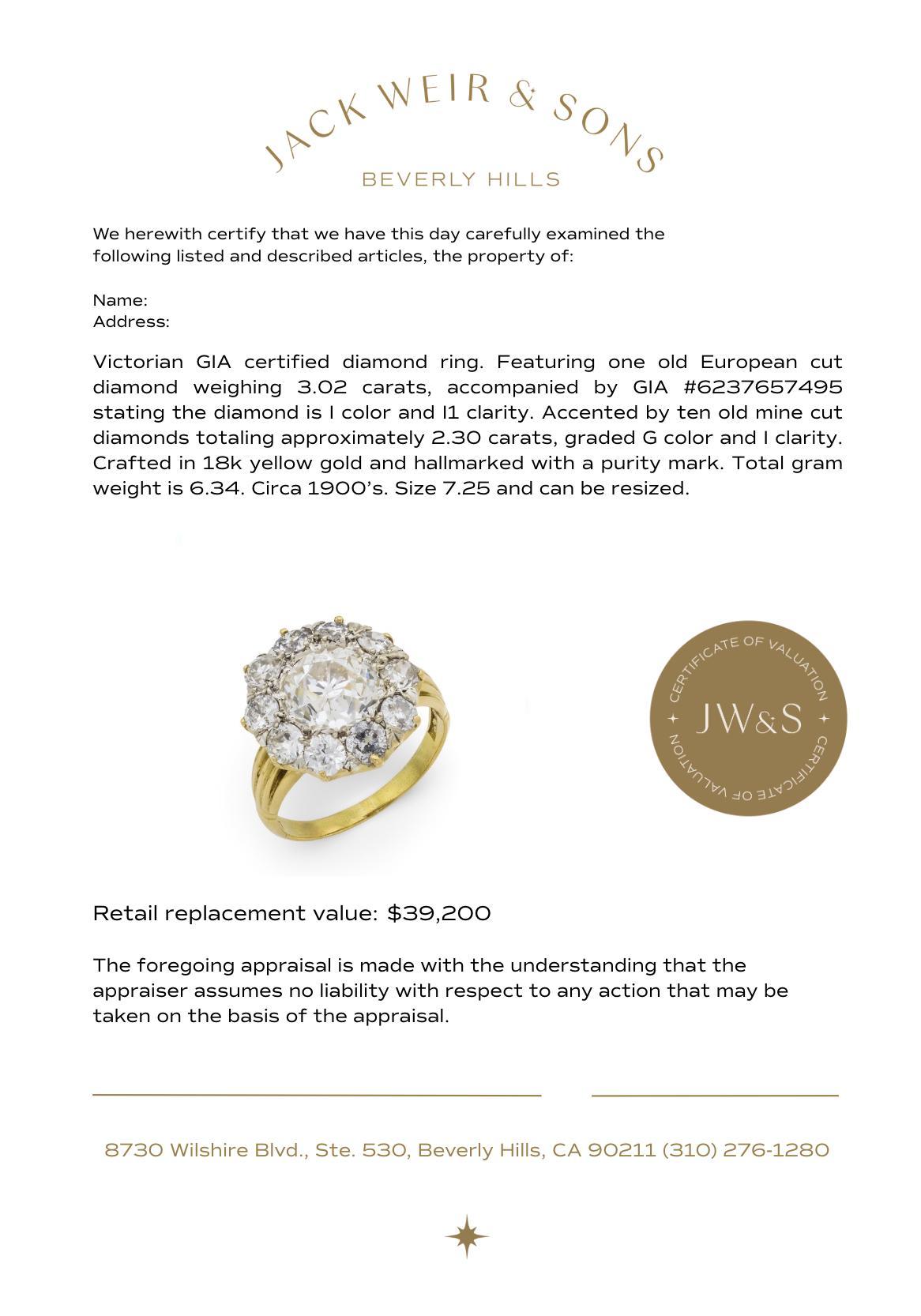 Anillo victoriano en racimo de oro amarillo de 18 quilates con diamante talla europea antigua GIA de 3,02 quilates en venta 2